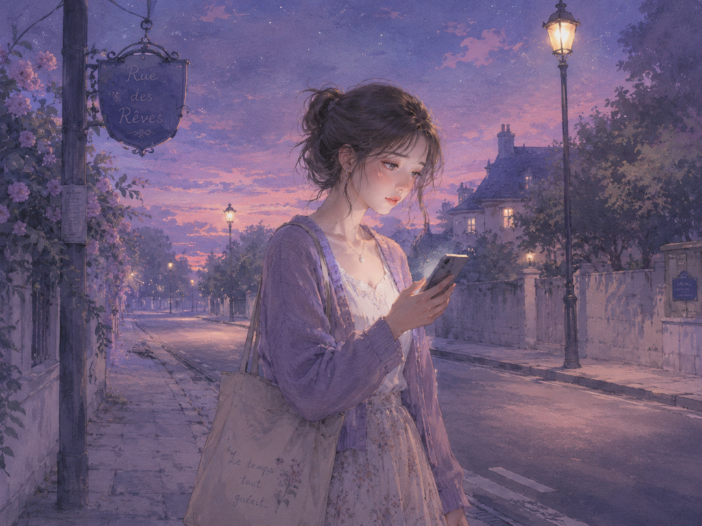 夜道にスマホを見つめる女性