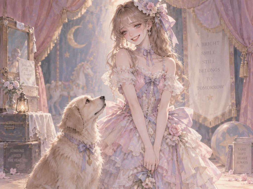 作り笑いの女性とその満面の笑みの女性を見つめる犬